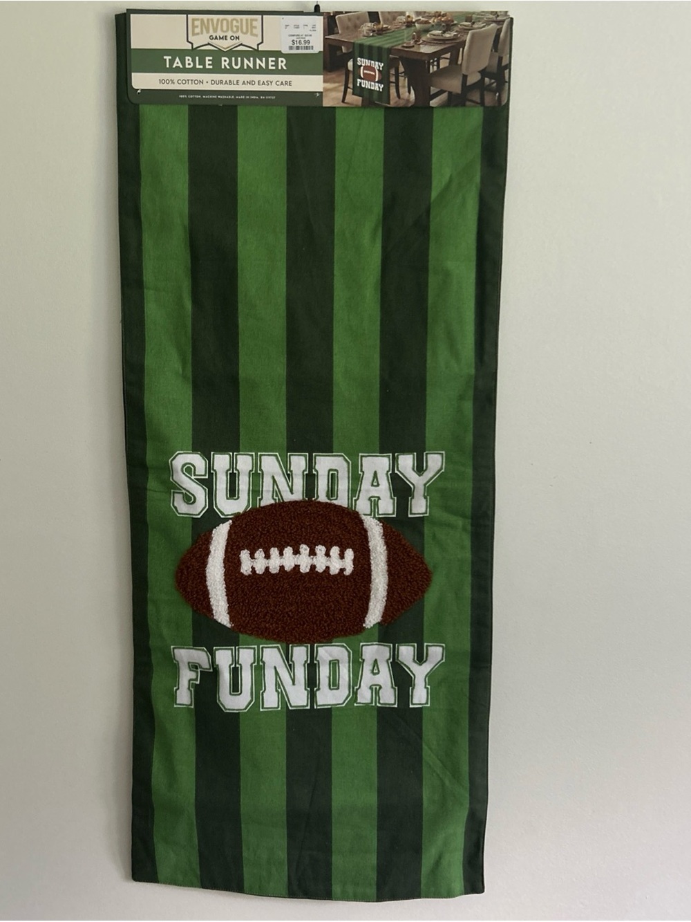 Envogue Green Striped "Sunday Funday" Football Table Runner NEW